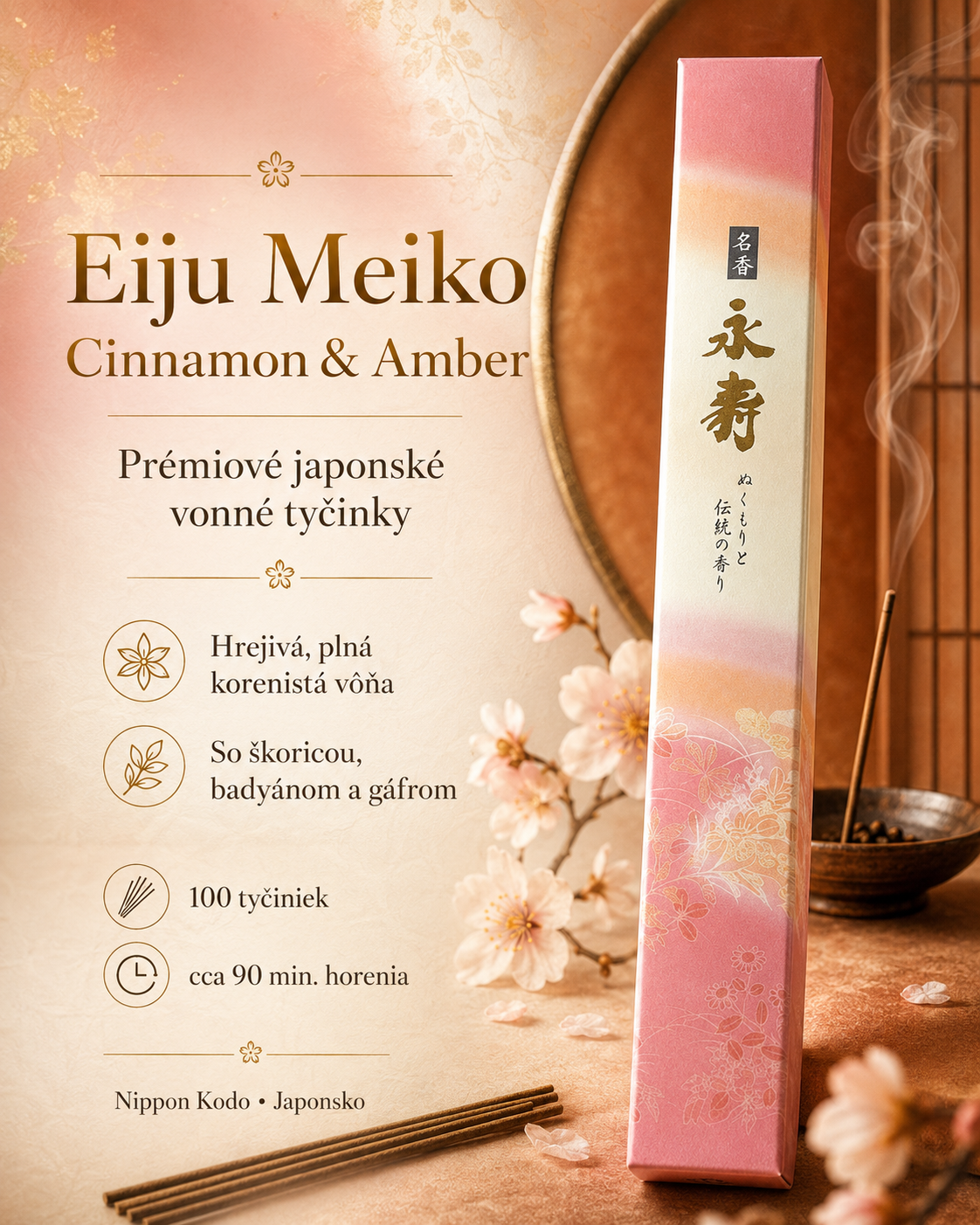 Nippon Kodo Eiju Meiko Cinnamon and Amber Incense - japonské škoricové vonné tyčinky