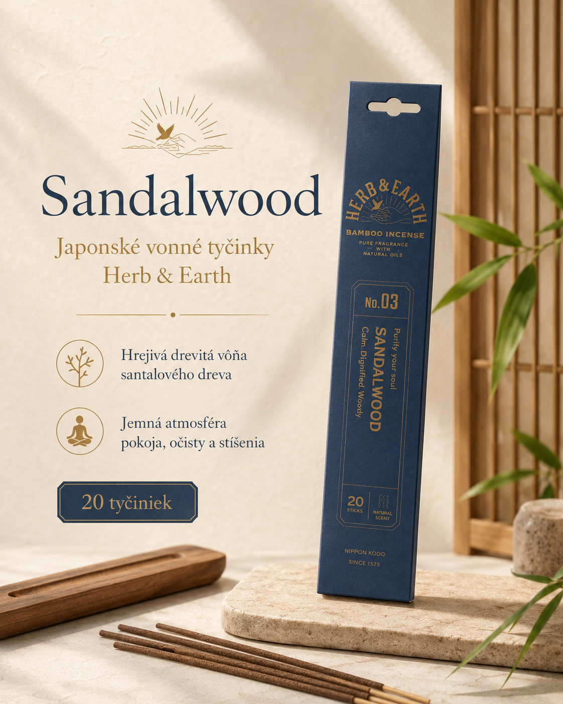 Nippon Kodo Sandalwood Herb and Earth Bamboo Incense - santalové vonné tyčinky