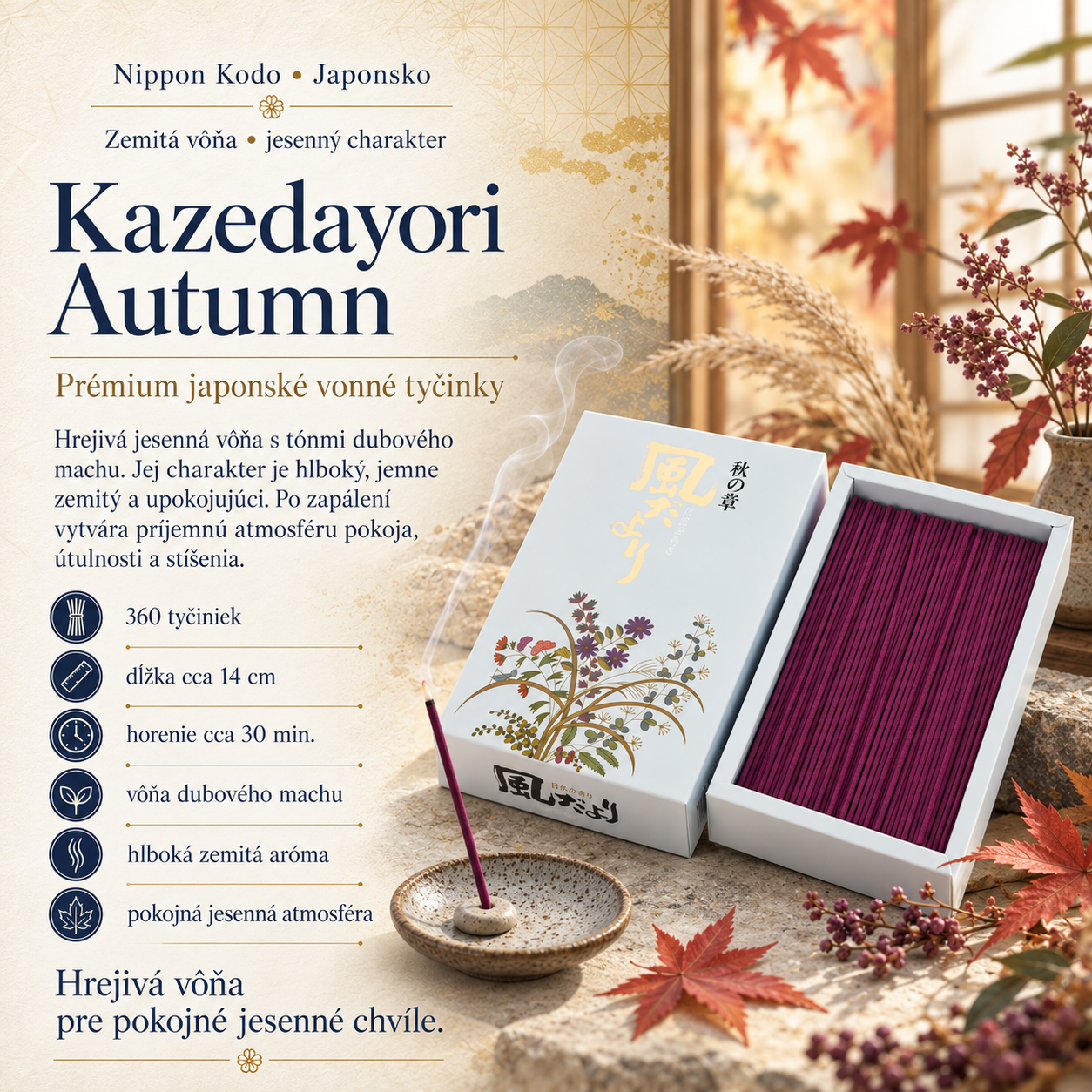 Kazedayori Autumn – prémiové japonské vonné tyčinky Nippon Kodo s vôňou dubového machu, 360 kusov
