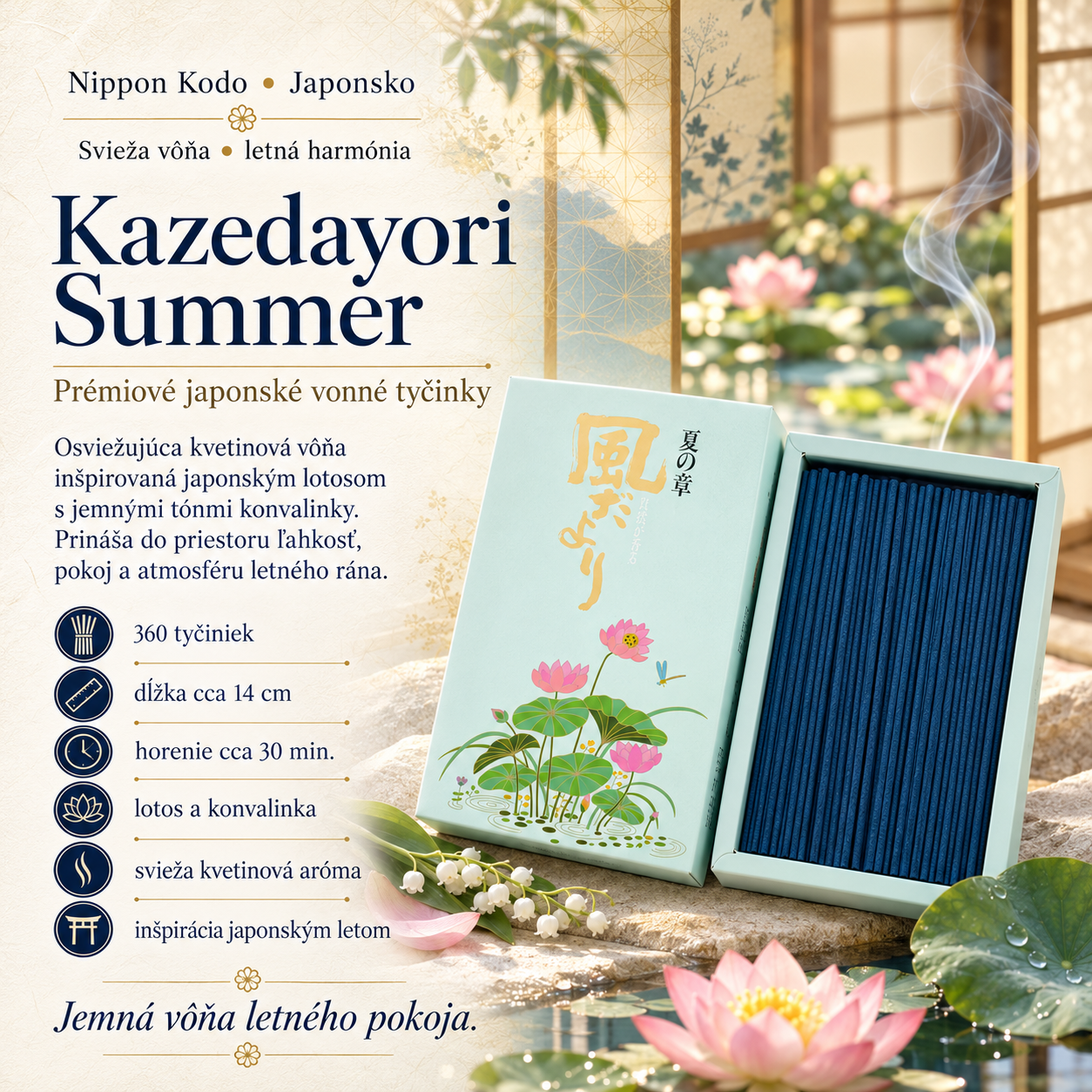 Kazedayori Summer – japonské vonné tyčinky Nippon Kodo s vôňou lotosu a konvalinky, 360 kusov