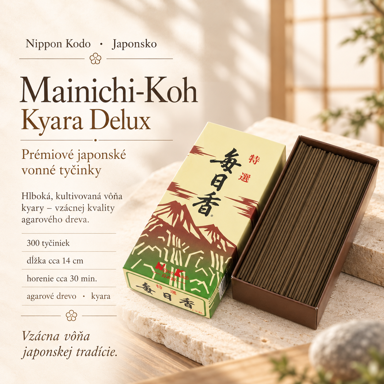 Mainichi-Koh Kyara Delux – prémiové japonské vonné tyčinky Nippon Kodo s vôňou vzácneho agarového dreva kyara, 300 kusov