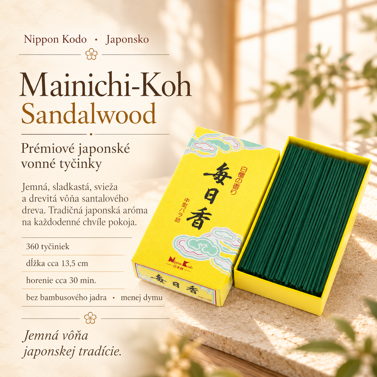 Mainichi-Koh Sandalwood – japonské vonné tyčinky Nippon Kodo s vôňou santalového dreva, približne 300 kusov