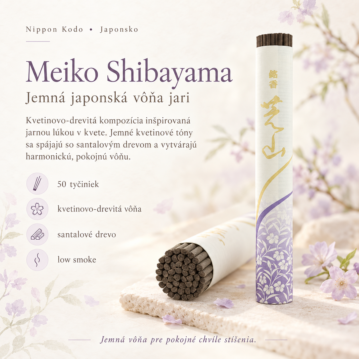 Meiko Shibayama – japonské vonné tyčinky Nippon Kodo s jemnou kvetinovo-drevitou vôňou