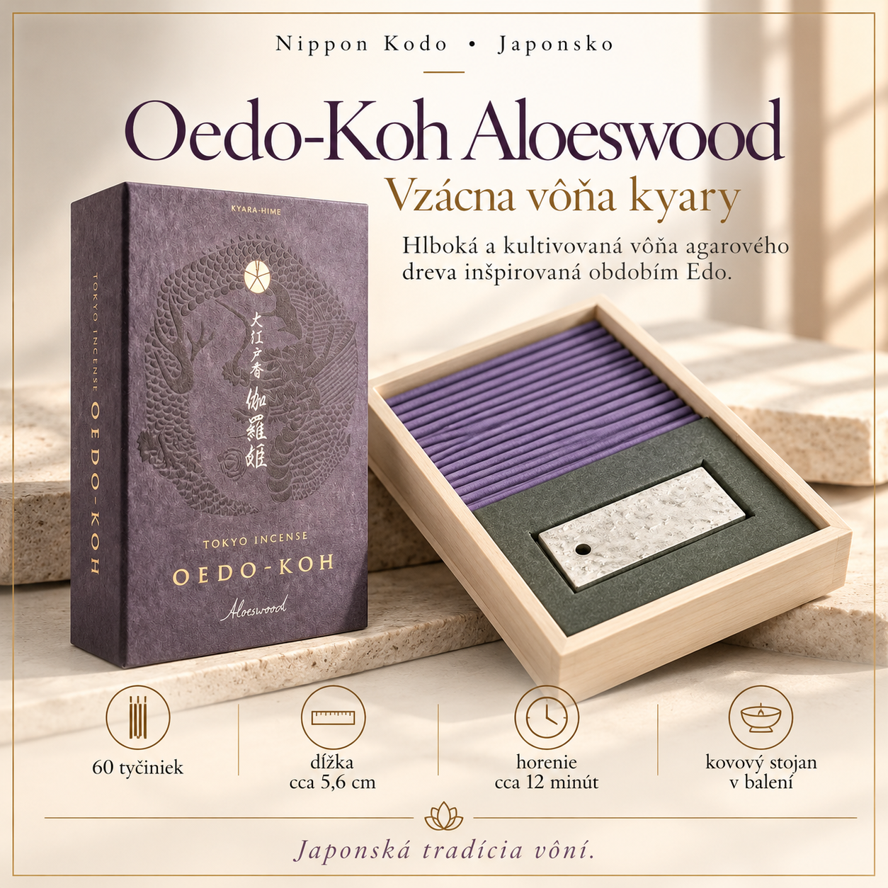 Oedo-Koh Aloeswood – prémiové japonské vonné tyčinky Nippon Kodo s vôňou kyary, 60 kusov a kovový stojan