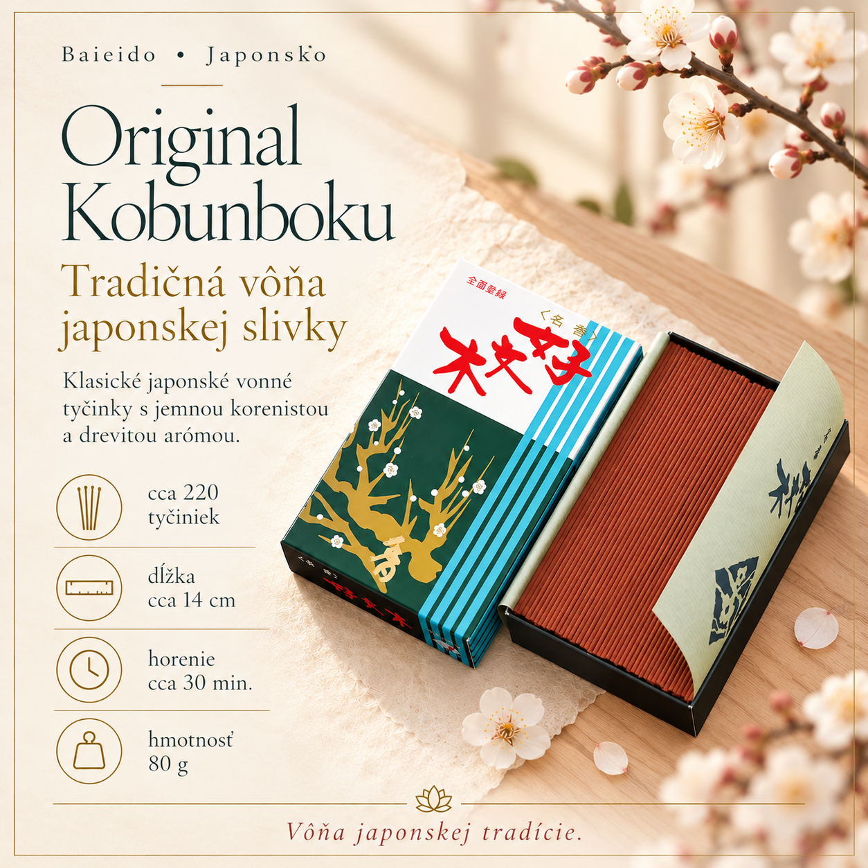 Original Kobunboku – japonské vonné tyčinky Baieido, približne 220 kusov