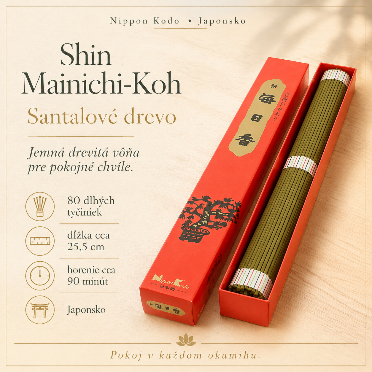 Shin Mainichi-Koh – japonské vonné tyčinky Nippon Kodo santalové drevo, 80 dlhých tyčiniek