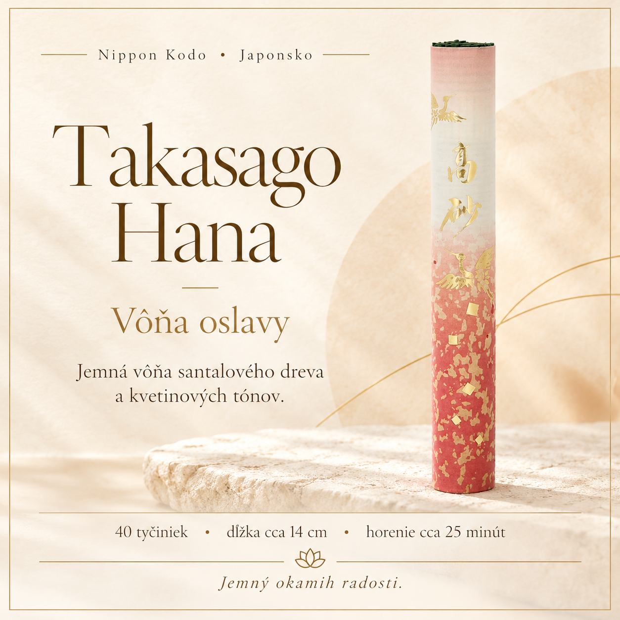 Takasago Hana – Vôňa oslavy, 40 japonských vonných tyčiniek Nippon Kodo so santalovým drevom a kvetinovými tónmi