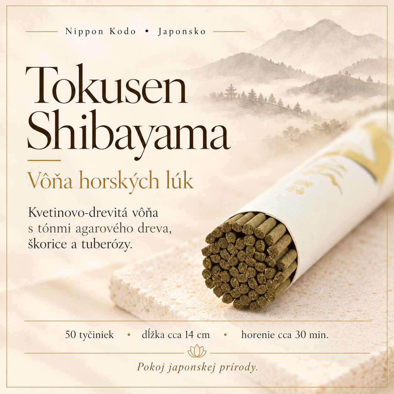 Tokusen Shibayama – Vôňa horských lúk, japonské vonné tyčinky Nippon Kodo, 50 kusov
