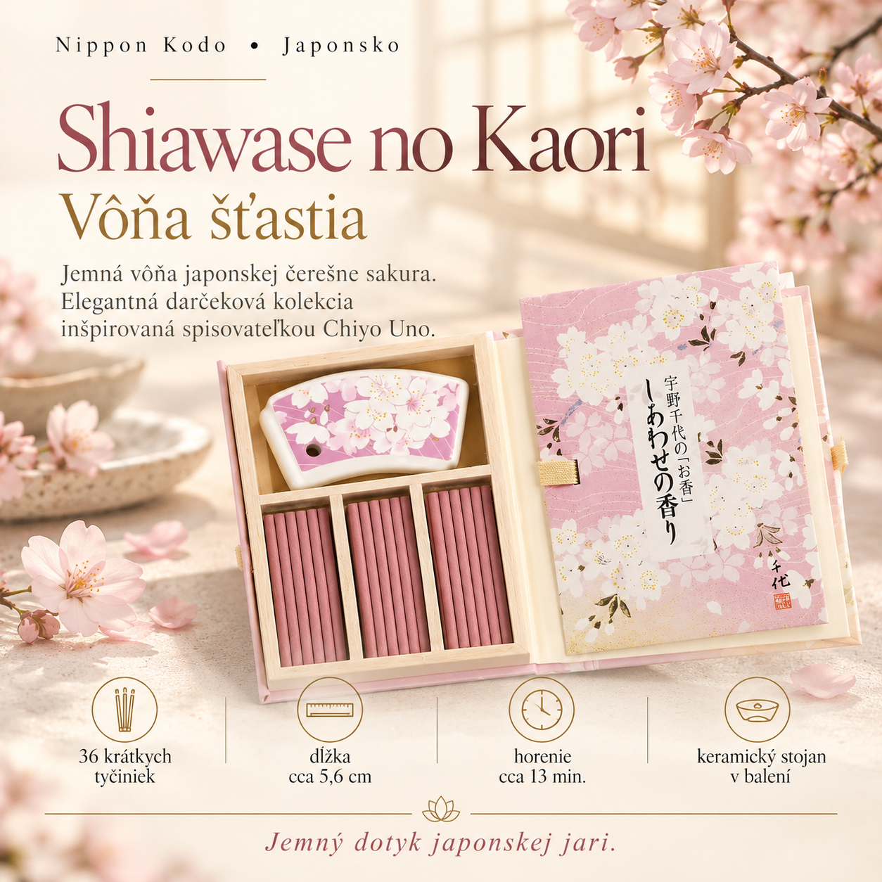 Shiawase no Kaori – Vôňa šťastia, 36 japonských vonných tyčiniek Nippon Kodo s vôňou sakury a keramickým stojanom